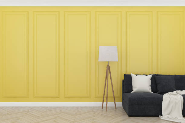 istock yellow wall with wood floor ,3d render 1249604178