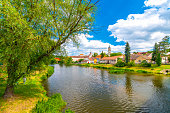 Panoramic view of Dolni Kounice city, South Moravia region, Czech republic. Small city with river in the middle.