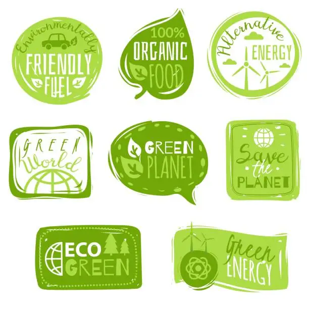 Vector illustration of Ecology flat icon emblems set. Set of emblems on environmental theme on white background careless frames with ragged edges green labels