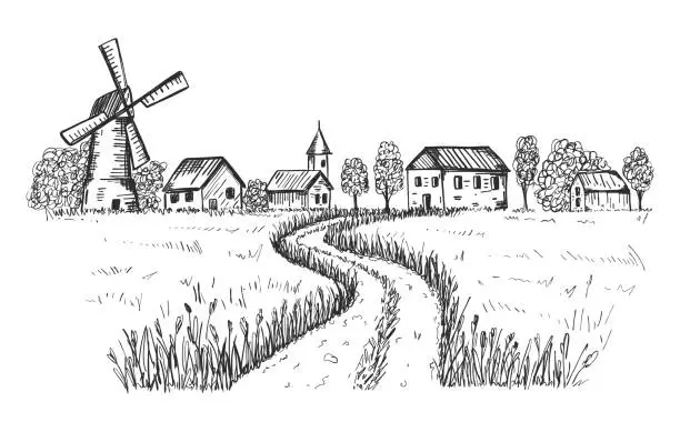 Vector illustration of Sketch of a rural landscape. The road leading to the farm, houses, mill through a wheat field. Good for packaging eco-friendly, natural food. Engraved, etched image. Hand drawn. Black and white vector