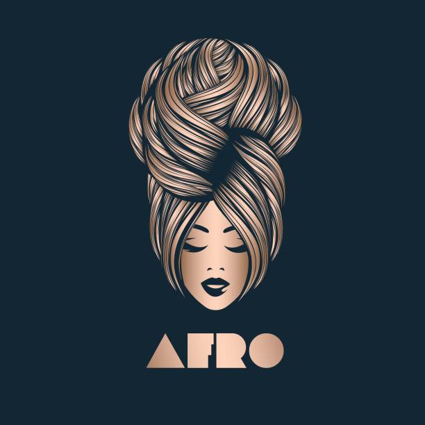 Beauty and hair salon vector illustration.Beautiful Afro-American woman with elegant makeup and hair bun. Female portrait with shiny hair, long eyelashes and lipstick on her lips.Cosmetics and spa logo. black woman hair bun stock illustrations