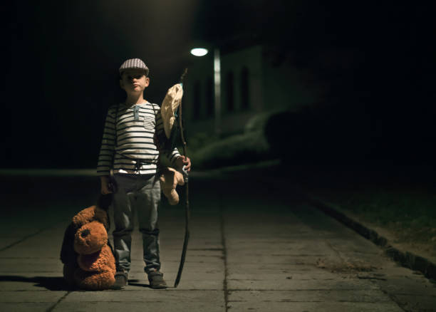 Boy on a walk with his friend, little kid exploring world