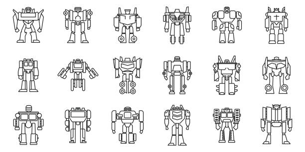 Futuristic robot-transformer icons set, outline style Futuristic robot-transformer icons set. Outline set of futuristic robot-transformer vector icons for web design isolated on white background transformer stock illustrations