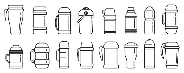 ilustraciones, imágenes clip art, dibujos animados e iconos de stock de conjunto moderno de iconos de botellas de agua con aislamiento al vacío, estilo de contorno - insulated drink container