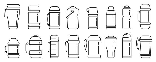 illustrazioni stock, clip art, cartoni animati e icone di tendenza di moderno set di icone delle bottiglie d'acqua isolate sottovuoto, stile contorno - insulated drink container