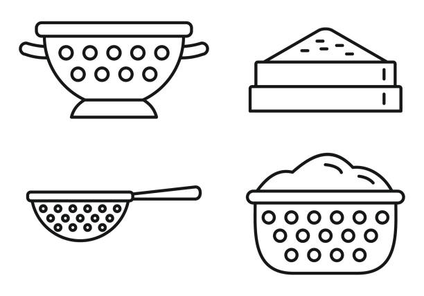 illustrations, cliparts, dessins animés et icônes de ensemble d’icônes de tamis de cuisine, modèle de contour - colander