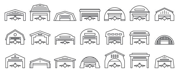 Airport hangar icons set, outline style Airport hangar icons set. Outline set of airport hangar vector icons for web design isolated on white background airplane hangar stock illustrations