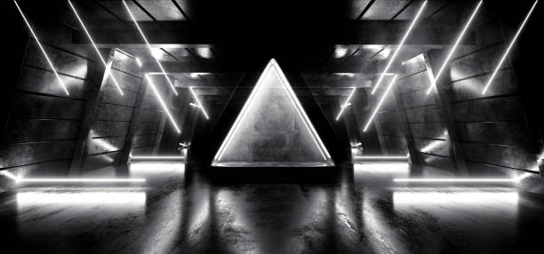 istock Sci Fi Retro Neon Alien White Triangle Glowing Laser Beams Lights Tunnel Corridor Hallway Gate Underground Warehouse Concrete Reflective Background 3D Rendering 1249612274