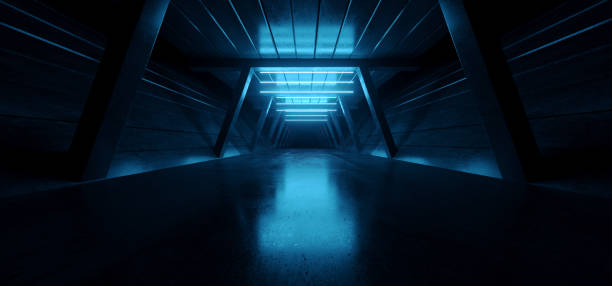 istock Sci Fi Retro Neon Alien Blue Triangle Glowing Laser Beams Lights Tunnel Corridor Hallway Gate Underground Warehouse Concrete Reflective Background 3D Rendering 1249612296