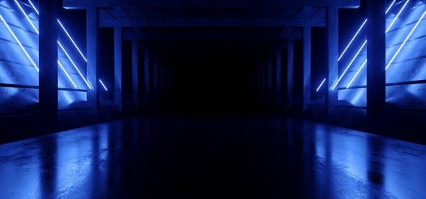 istock Sci Fi Retro Neon Alien Blue Triangle Glowing Laser Beams Lights Tunnel Corridor Hallway Gate Underground Warehouse Concrete Reflective Background 3D Rendering 1249612312