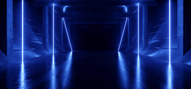 istock Sci Fi Retro Neon Alien Blue Triangle Glowing Laser Beams Lights Tunnel Corridor Hallway Gate Underground Warehouse Concrete Reflective Background 3D Rendering 1249612822