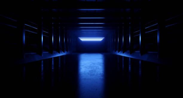 istock Sci Fi Retro Neon Alien Blue Triangle Glowing Laser Beams Lights Tunnel Corridor Hallway Gate Underground Warehouse Concrete Reflective Background 3D Rendering 1249612834