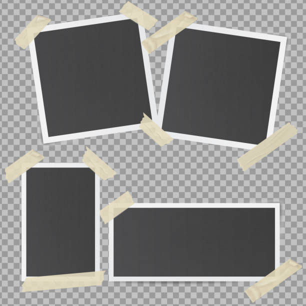 Black photo frames glued with transparent adhesive tape Black photo frames glued with transparent adhesive tape. Glued with adhesive tape mock up of frames in retro style with various shadows. polaroid stock illustrations