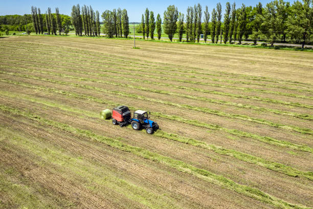 istock A tractor with a trailed bale making machine collects straw rolls in the field and makes round large bales 1249613201