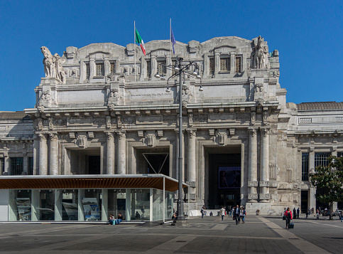 Facade of Central Station in the city of Milan, Italy