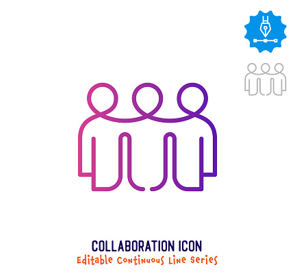 Collaboration vector icon illustration for logo, emblem or symbol use. Part of continuous one line minimalistic drawing series. Design elements with editable gradient stroke.