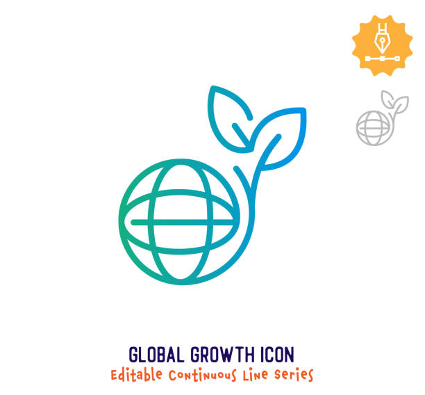 Global Growth Continuous Line Editable Icon Global growth vector icon illustration for logo, emblem or symbol use. Part of continuous one line minimalistic drawing series. Design elements with editable gradient stroke. sustainable resources stock illustrations