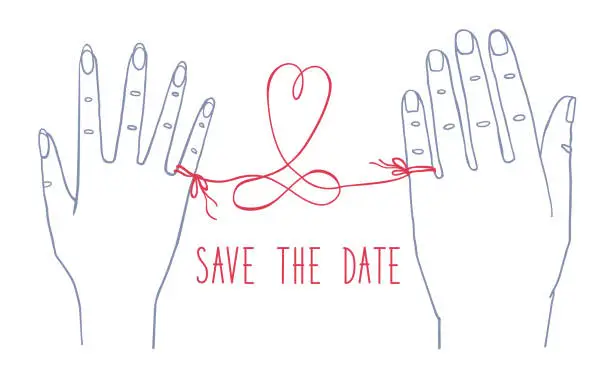 Vector illustration of Male and female hands bounded by red string with heart shape loop and eternity symbol knot and lettering Save the Date.