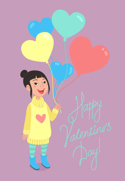 ilustrações, clipart, desenhos animados e ícones de menina segurando um monte de balões coloridos em forma de coração. - i love you cartoon love little girls