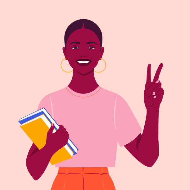 ilustrações, clipart, desenhos animados e ícones de uma garota africana sorri e mostra um sinal de vitória. feliz aluno. gesto de mão. - mulher sorrindo