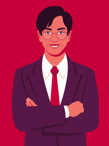 Portrait of a happy Asian man with crossed arms and wearing in a business suit. Portrait of a happy Asian man with crossed arms and wearing in a business suit. Office professions. Vector flat illustration. asian suit man cross hand stock illustrations