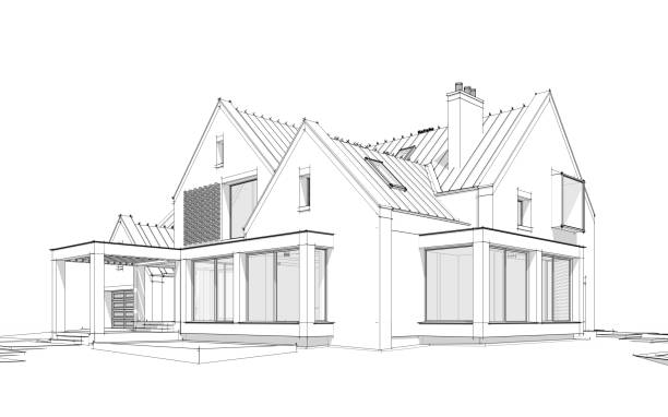 istock 3d rendering of modern clinker house on the ponds with pool black line on white background 1249619735