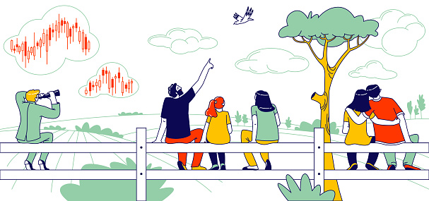People Sitting on Fence Rear View. Happy Family Mother, Father and Daughter Looking on Bird, Loving Couple Embracing, Businessman Character Look in Binoculars on Stock Data. Linear Vector Illustration