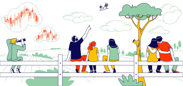 People Sitting on Fence Rear View. Happy Family Mother, Father and Daughter Looking on Bird, Loving Couple Embracing, Businessman Character Look in Binoculars on Stock Data. Linear Vector Illustration People Sitting on Fence Rear View. Happy Family Mother, Father and Daughter Looking on Bird, Loving Couple Embracing, Businessman Character Look in Binoculars on Stock Data. Linear Vector Illustration person sitting on fence stock illustrations