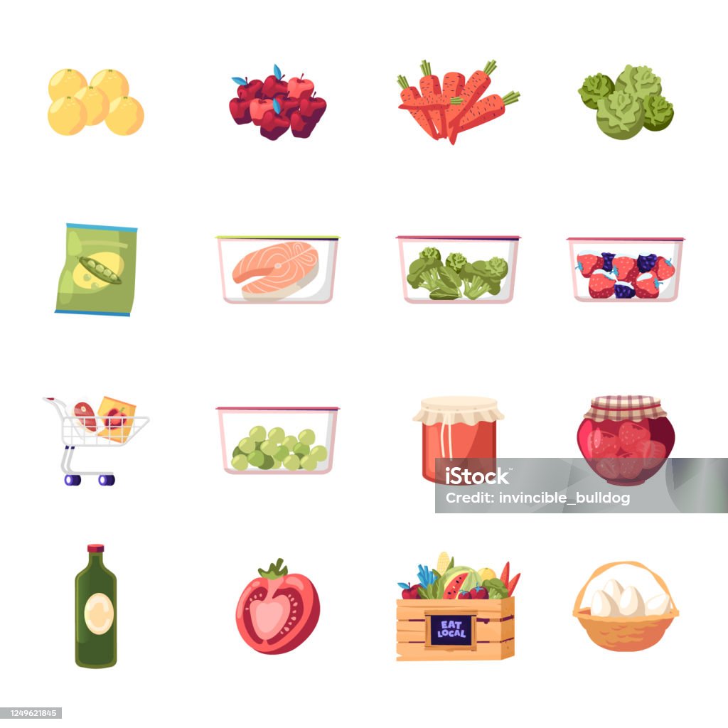 Set Of Icons Farm Products Fresh Fruit Vegetable And Eggs Raw Fish And  Frozen Veggies Berries Jam In Glass Jar Lemons And Carrot With Cabbage  Broccoli Tomato And Oil Cartoon Vector Illustration