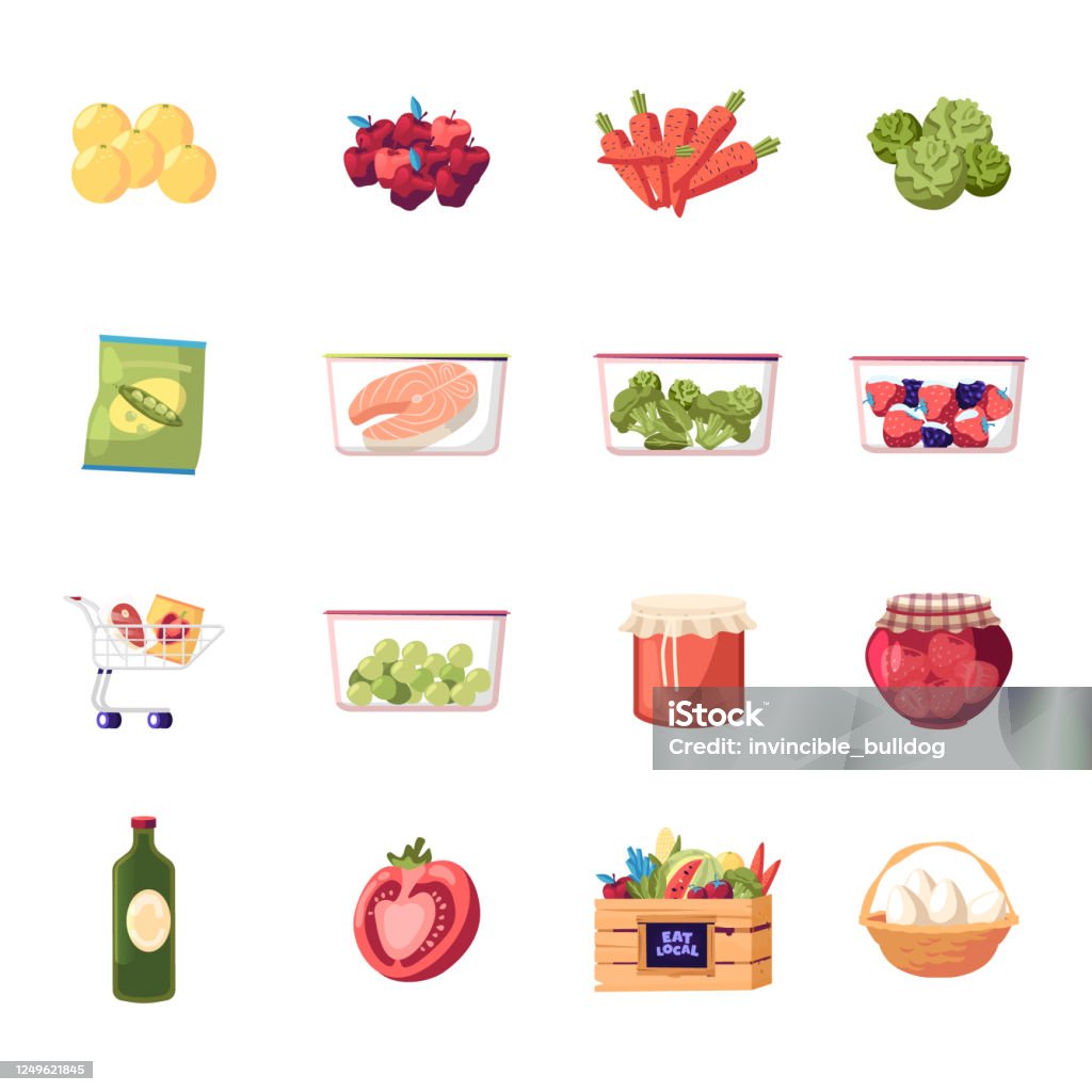 Set Of Icons Farm Products Fresh Fruit Vegetable And Eggs Raw Fish And Frozen Veggies Berries Jam In Glass Jar Lemons And Carrot With Cabbage Broccoli Tomato And Oil Cartoon Vector Illustration Set Of Icons Farm Products Fresh Fruit Vegetable And Eggs Raw Fish And Frozen Veggies Berries Jam In Glass Jar Lemons And Carrot With Cabbage Broccoli Tomato And Oil Cartoon Vector Illustration