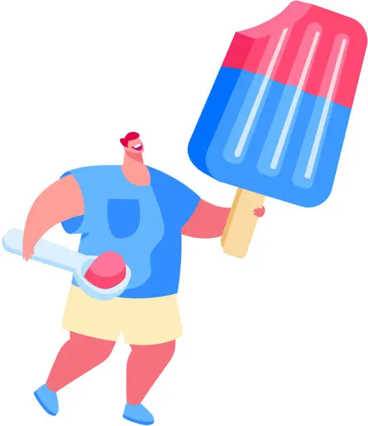 Vector illustration of Tiny Male Character with Scoop in Hand Carry Huge Fruit Ice Cream Popsicle on Wooden Stick. Summer Time Food, Delicious Sweet Dessert, Cold Treat. Man with Icecream. Cartoon Vector Illustration
