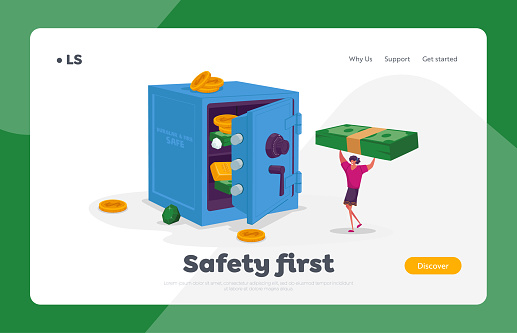 Investment, Cash Safety, Finance Protection, Deposit Landing Page Template. Tiny Female Character Carry Huge Dollar Bills to Bank Safe with Money, Gold Bars and Diamonds. Cartoon Vector Illustration