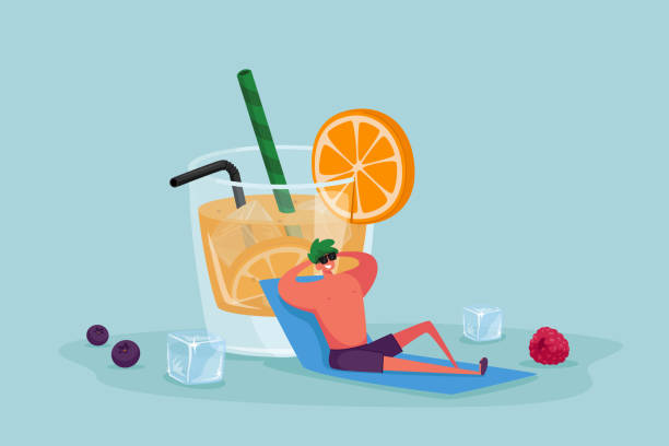 Tiny Male Character in Sunglasses Relaxing Sitting at Huge Glass with Orange Juice, Slice and Straw. Man Enjoying Summertime Vacation, Drinking Cold Drink at Summer Time. Cartoon Vector Illustration Tiny Male Character in Sunglasses Relaxing Sitting at Huge Glass with Orange Juice, Slice and Straw. Man Enjoying Summertime Vacation, Drinking Cold Drink at Summer Time. Cartoon Vector Illustration drinking illustrations stock illustrations