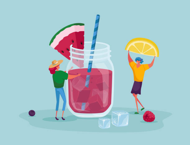 Tiny People Put Lemon Slice to Huge Glass Jar with Watermelon Pink Juice, Ice Cubes and Straws. Female Characters Drinking Cold Drinks and Sweet Beverage at Summer Time. Cartoon Vector Illustration Tiny People Put Lemon Slice to Huge Glass Jar with Watermelon Pink Juice, Ice Cubes and Straws. Female Characters Drinking Cold Drinks and Sweet Beverage at Summer Time. Cartoon Vector Illustration juice drink illustrations stock illustrations