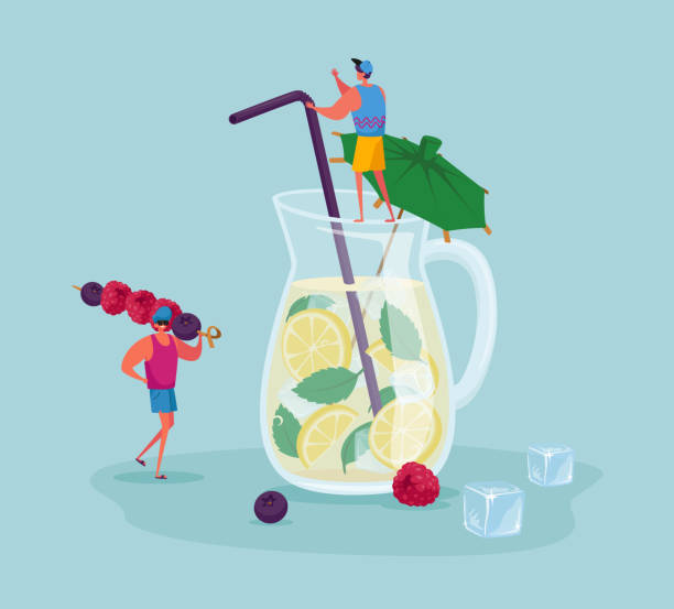 illustrazioni stock, clip art, cartoni animati e icone di tendenza di tiny people at huge glass jug con limonata o succo con fette di limone, cubetti di ghiaccio, foglie di menta e paglia. personaggi maschili che bevono bevande fredde e bevande dolci in estate. illustrazione vettoriale cartone animato - jug