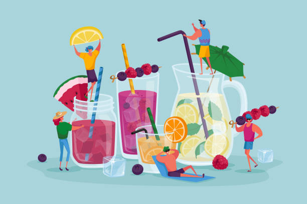 차가운 음료를 마시는 사람들. 작은 남성과 여성 캐릭터는 여름 시간에 다른 음료를 선택합니다. 빨대, 과일, 주스 물에 얼음 큐브와 거대한 유리 컵. 만화 벡터 일러스트레이션 - fruit cup stock illustrations