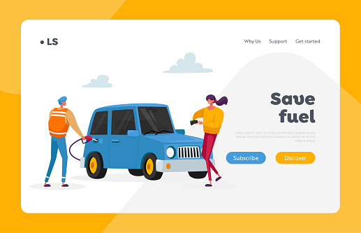 Petroleum Station Refueling Service Landing Page Template. Characters on Gas Station, Worker Hold Filling Gun Pouring Fuel Into Car. Woman Take Money from Purse. Cartoon People .Vector Illustration