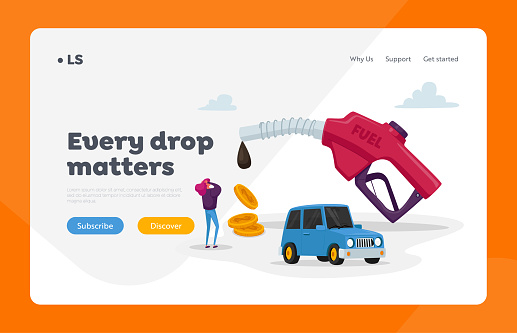 Petroleum Station, Refueling Car, Gasoline Service Landing Page Template. Tiny Female Character on Gas Station at Huge Filling Gun with Pouring Fuel and Falling Coins. Cartoon Vector Illustration