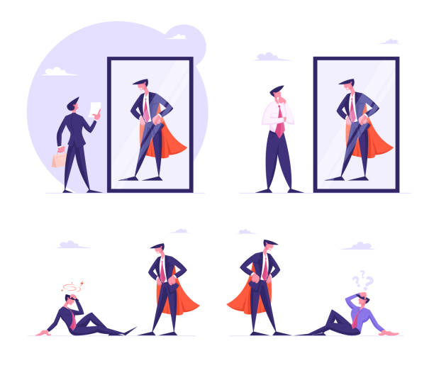 Set Business People Looking in Mirror Imagine themselves Super Hero in Red Cloak, Male Characters Sitting on Floor with Dizzying Head. Dream, Imagination, Career Ambitions. Cartoon Vector Illustration Set Business People Looking in Mirror Imagine themselves Super Hero in Red Cloak, Male Characters Sitting on Floor with Dizzying Head. Dream, Imagination, Career Ambitions. Cartoon Vector Illustration dizzying stock illustrations