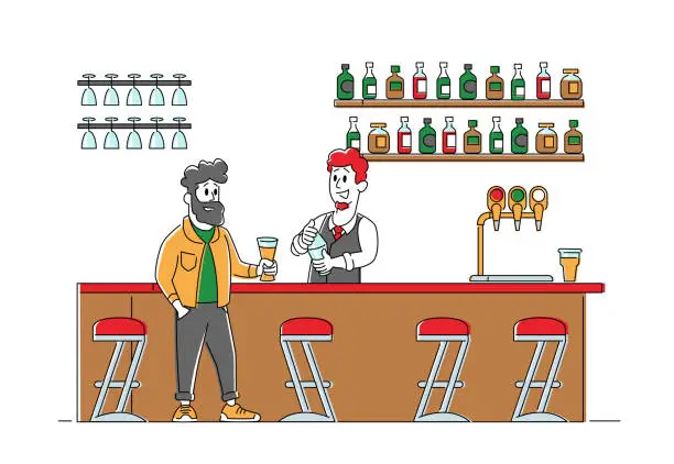 Vector illustration of Young Man Sitting in Pub Ordering Alcohol Drink. Barista Holding Glass Beer Bottle. Nightlife Sparetime, Leisure, Relaxing Male Character in Night Bar on Weekend. Linear People Vector Illustration