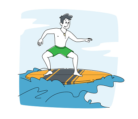 Young Man Surfer Character in Swim Wear Riding Big Sea Wave on Board. Summertime Activity, Healthy Lifestyle, Vacation Leisure in Exotic Country Surfing Recreation in Ocean. Linear Vector Illustration