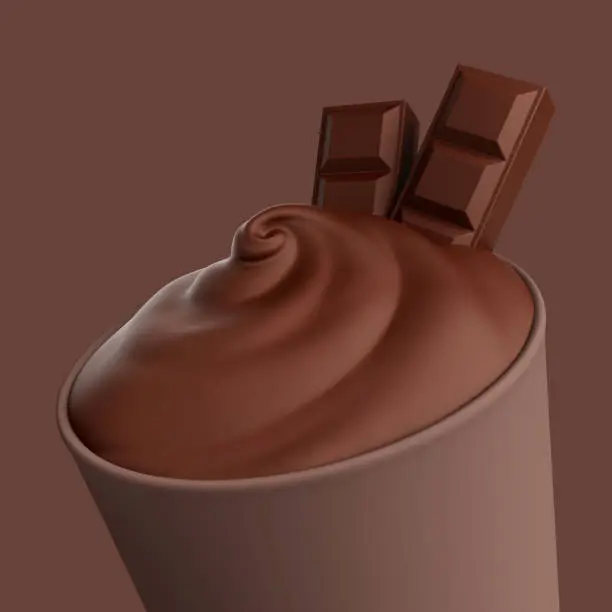 Dark Chocolate with chocolatebar Creamy Fresh Daily product swirl on cup scoope 3D render.