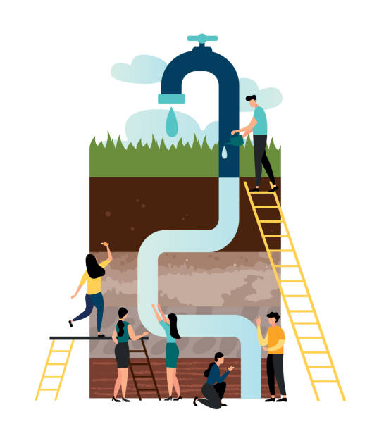 ilustrações de stock, clip art, desenhos animados e ícones de vector illustration, water system, extraction of groundwater, geological studies, soil in a section, pipes in the ground go up in the crane - groundwater