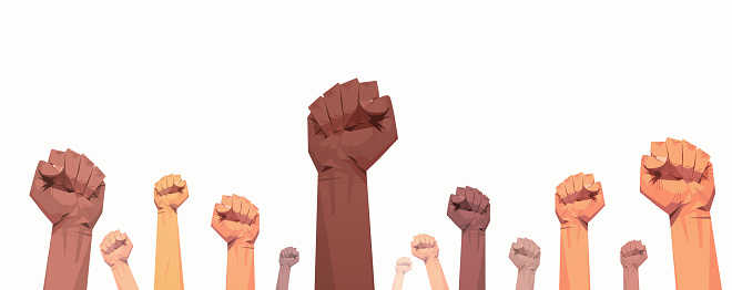 protest raised up mix race fists awareness campaign against racial discrimination of dark skin color support for equal rights of black people horizontal vector illustration