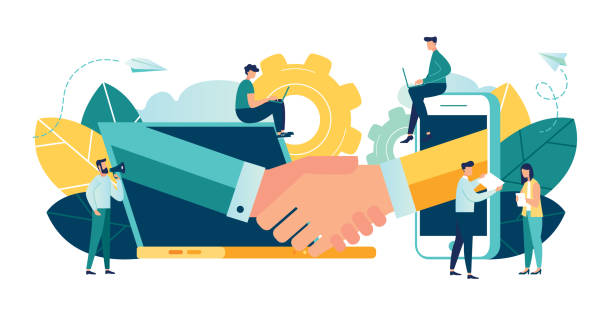 online conclusion of the transaction. the opening of a new startup. business handshake, via phone and laptop. vector illustration in a flat style investor holds money in ideas online. online conclusion of the transaction. the opening of a new startup. business handshake, via phone and laptop. vector illustration in a flat style investor holds money in ideas online. partnership stock illustrations