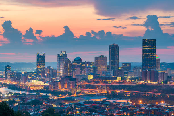 Pittsburgh, Pennsylvania, USA skyline from the South Side at dusk.