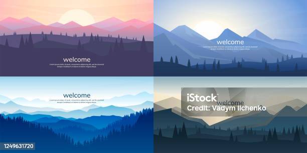 A Set Of Mountain Vector Landscapes In A Flat Style Natural Wallpapers Are A Minimalist Polygonal Concept Sunrise Misty Terrain With Slopes Mountains Near The Forest Stock Illustration - Download Image Now