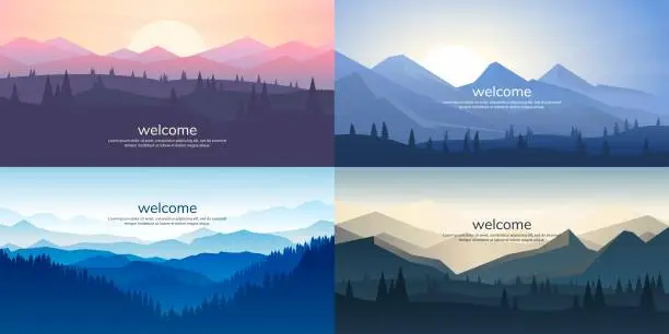 Vector illustration of A set of mountain vector landscapes in a flat style. Natural wallpapers are a minimalist, polygonal concept. Sunrise, misty terrain with slopes, mountains near the forest