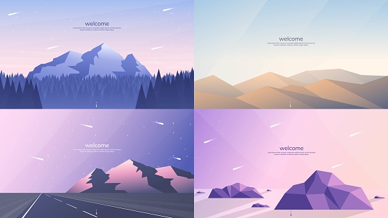 Set of 4 landscapes in flat minimalist style. Forest and mountains, desert mounds, road in perspective and hill, stones in the water in the low poly concept. Website or game templates. Summer scene