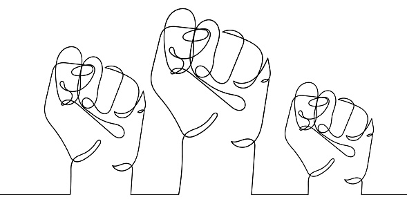 Continuous line drawing of three strong fists raised up in protest. One line drawing vector illustration of group of human arms. Concept of revolution, equality, fight for human rights. Stop racism